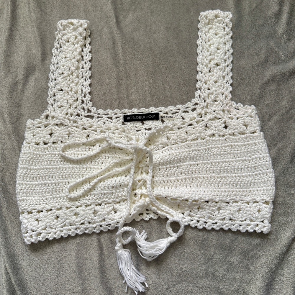 Hot & Delicious Crochet Crop Top Womens Small White Boho Lace Up Boho